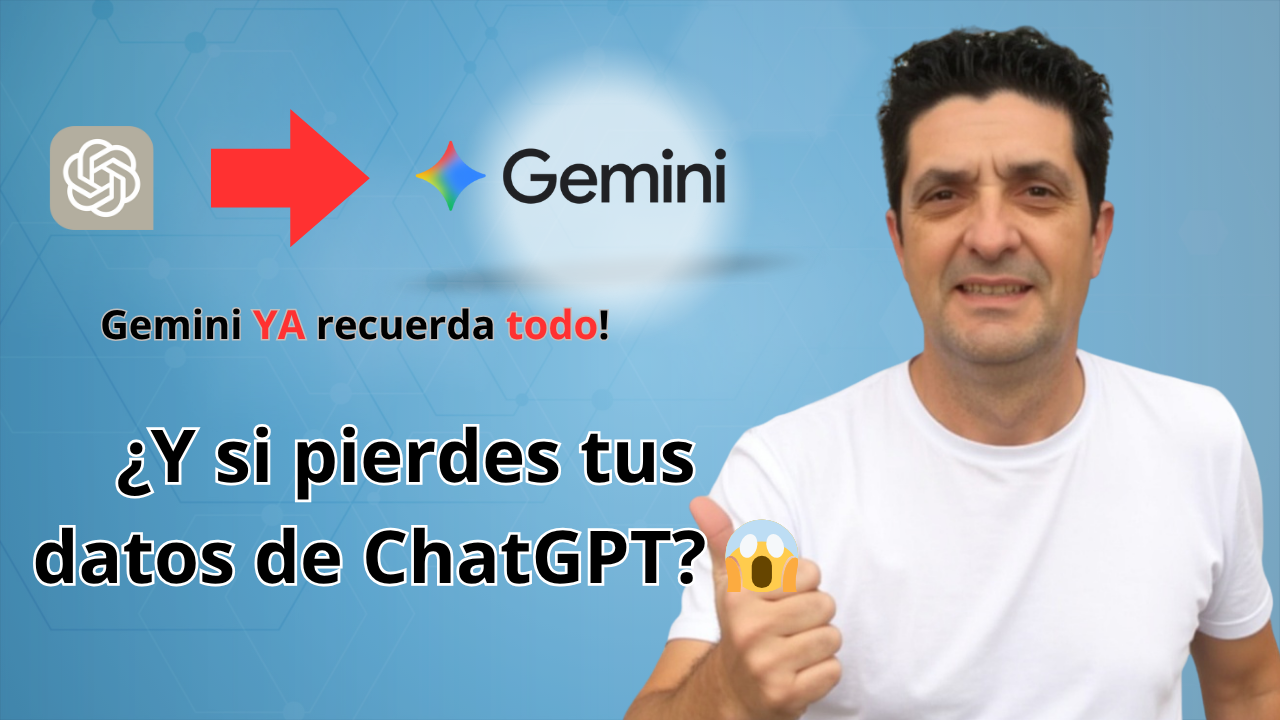 Imagen comparativa sobre la pérdida de datos en ChatGPT y la nueva función de memoria en Gemini, con un hombre preocupado señalando el texto y logotipos de ambos asistentes de IA.