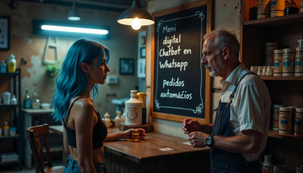 IA en PYMES. Mujer joven con cabello azul hablando con barista en cafetería mientras hace pedido usando chatbot en WhatsApp