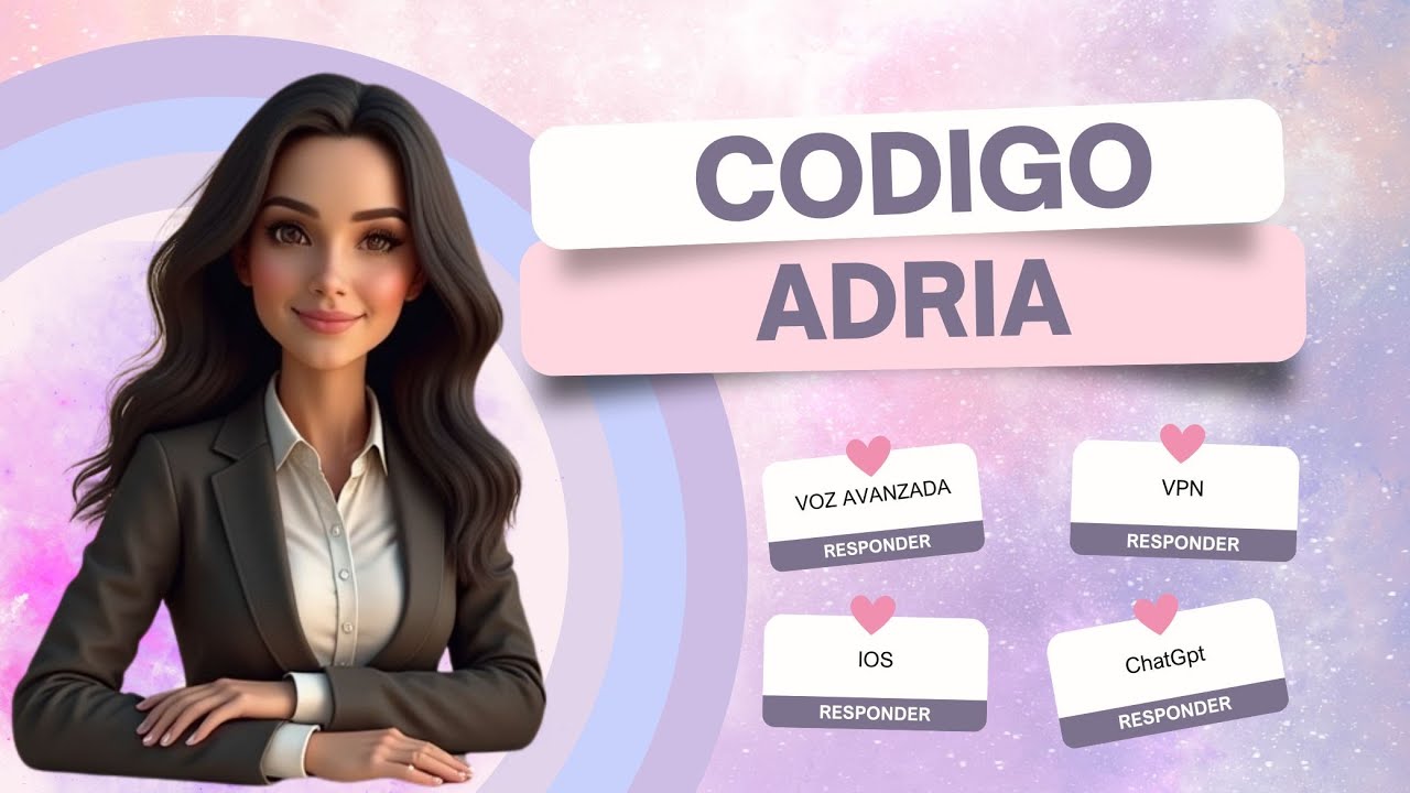 Mujer animada con fondo pastel explicando el código ADRIA para activar la voz avanzada de ChatGPT en iOS, VPN y más funciones