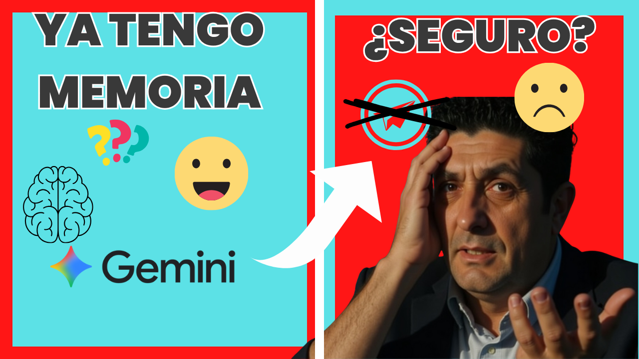 Imagen dividida con el logotipo de Gemini afirmando que ya tiene memoria, junto a íconos felices, y al lado derecho un hombre confundido y molesto con cara de duda y símbolos negativos.