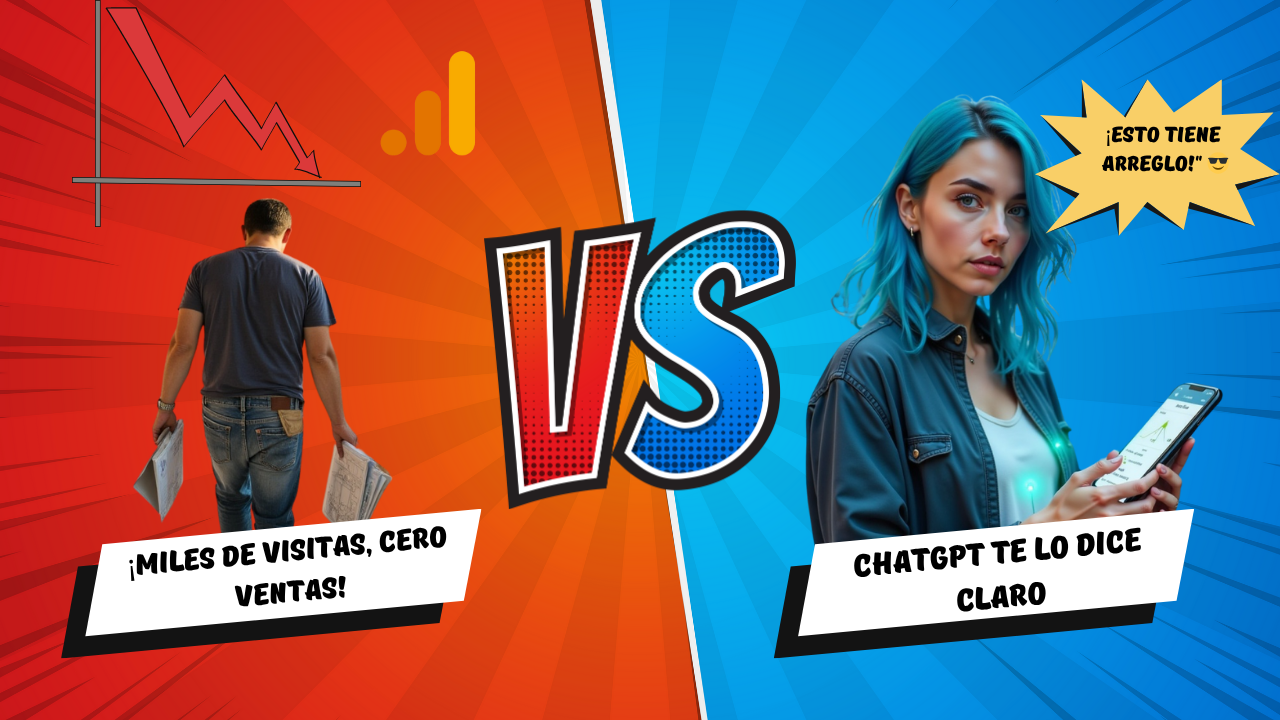 Infografía comparativa entre falta de conversiones en una web y la solución mediante ChatGPT, con gráficos de analítica y personajes representando el problema y la solución.Infografía comparativa entre falta de conversiones en una web y la solución mediante ChatGPT, con gráficos de analítica y personajes representando el problema y la solución.