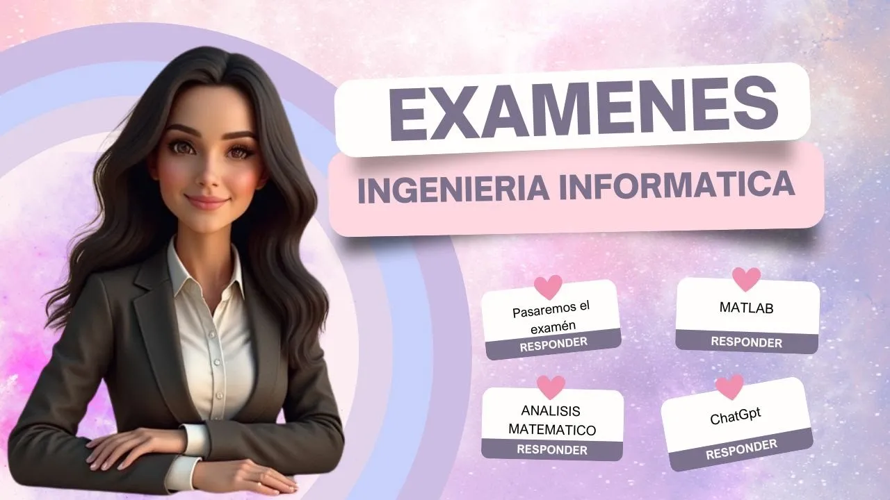 Ilustración de una mujer junto a recursos académicos y exámenes de ingeniería informática con uso de ChatGPT para estudiantes