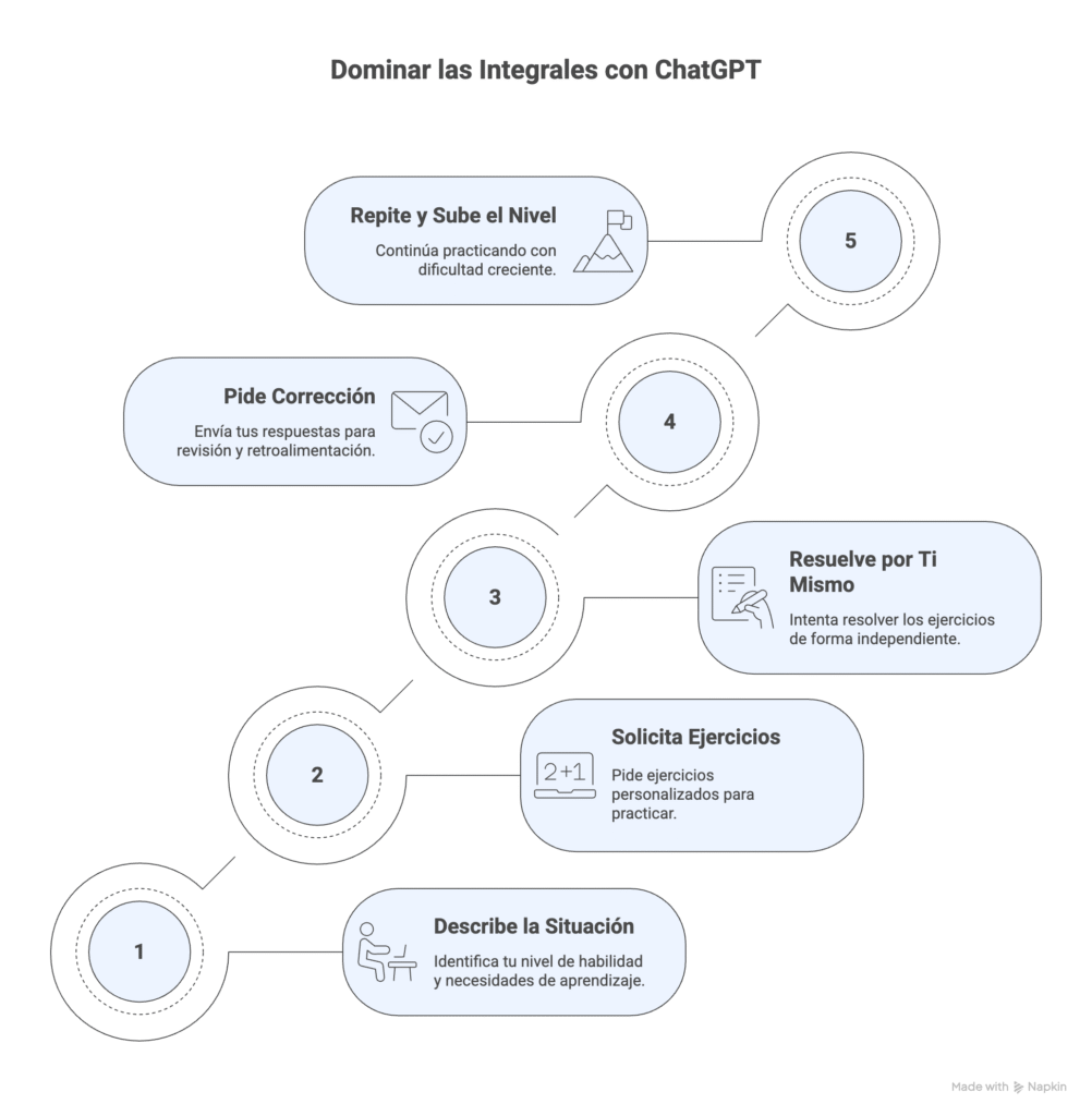 Infografía educativa que muestra cómo estudiantes pueden aprender integrales usando ChatGPT en cinco pasos