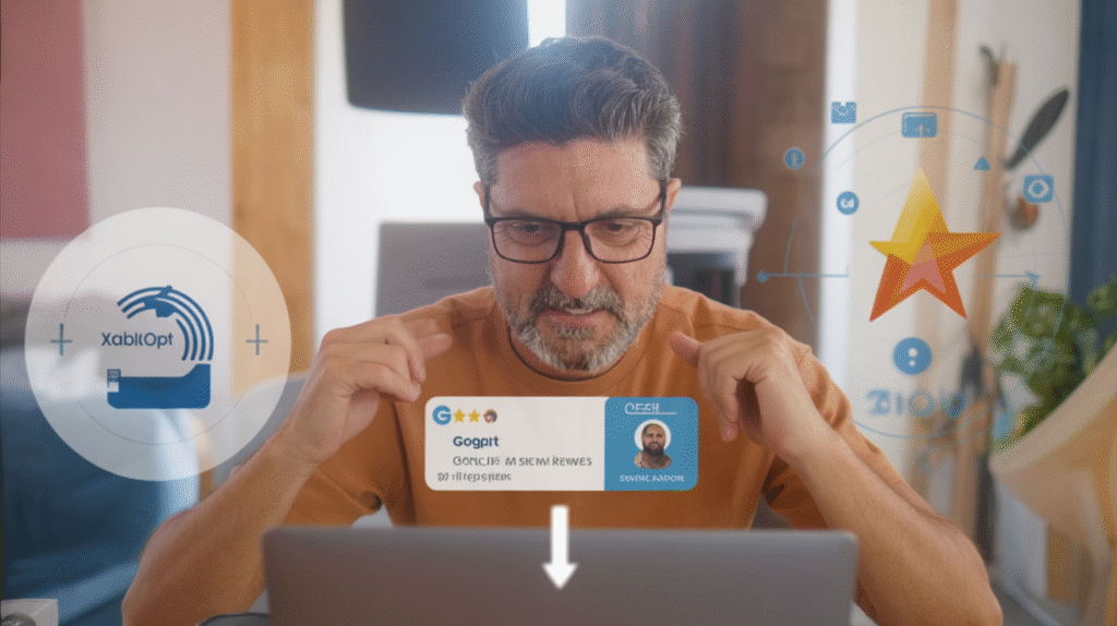 Hombre usando software de automatización de reseñas en ordenador con interfaz digital y valoraciones visibles