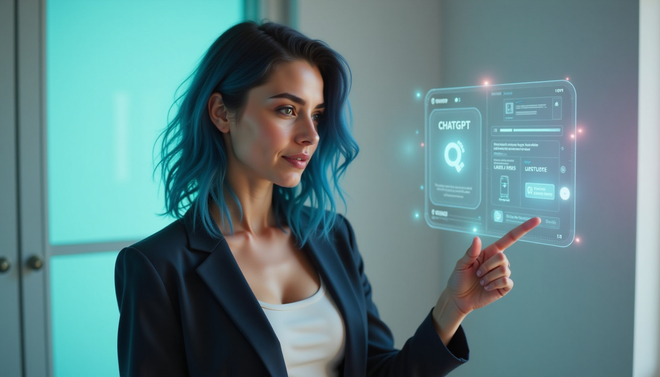 Representación visual del avatar AdrIA interactuando con ChatGPT a través de una pantalla holográfica