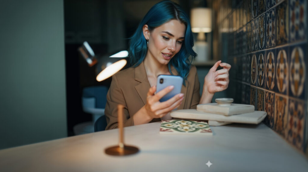 Mujer joven con cabello azul utilizando el móvil en una cafetería moderna con azulejos, representando el concepto de multimodalidad digital