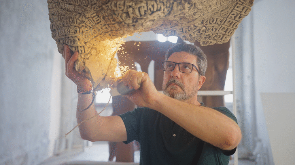Artista trabajando en una escultura con letras y chispas, simbolizando el proceso de convertir texto a video con IA de forma creativa