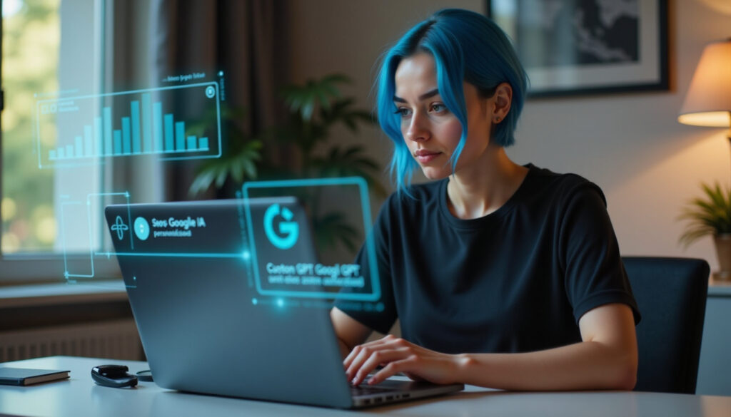 AdrIA analizando datos con Gems Google IA y herramientas SEO en portátil, visualizando gráficos digitales flotantes