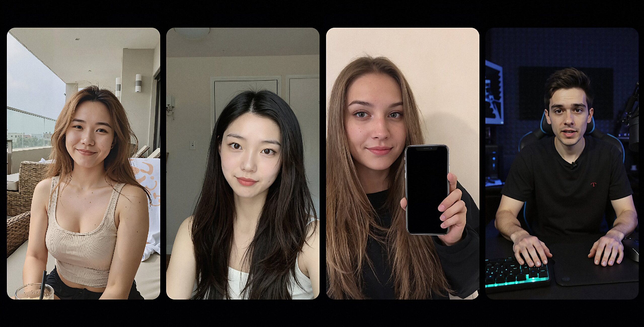 Avatares generados con inteligencia artificial en estilo TopView mostrando distintas expresiones y acciones, ideales para contenido en vídeo realista