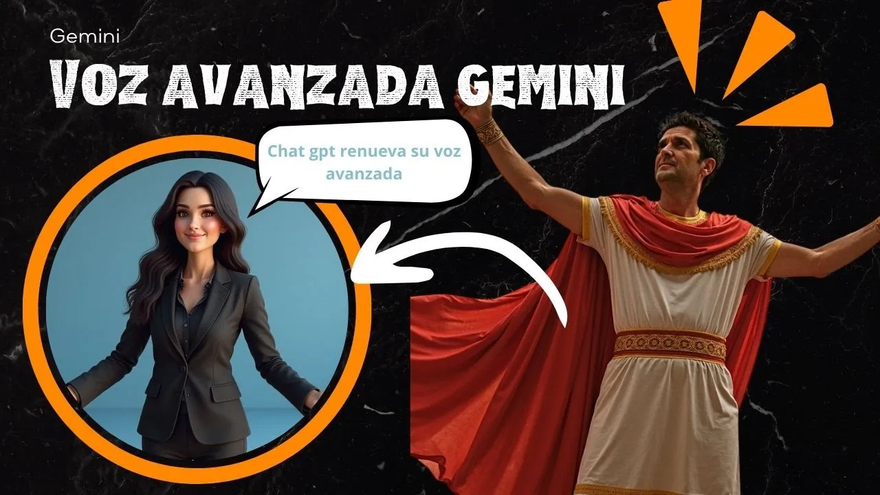 Imagen con personaje femenino virtual y hombre vestido de romano, ilustrando la nueva voz avanzada de Gemini en ChatGPT