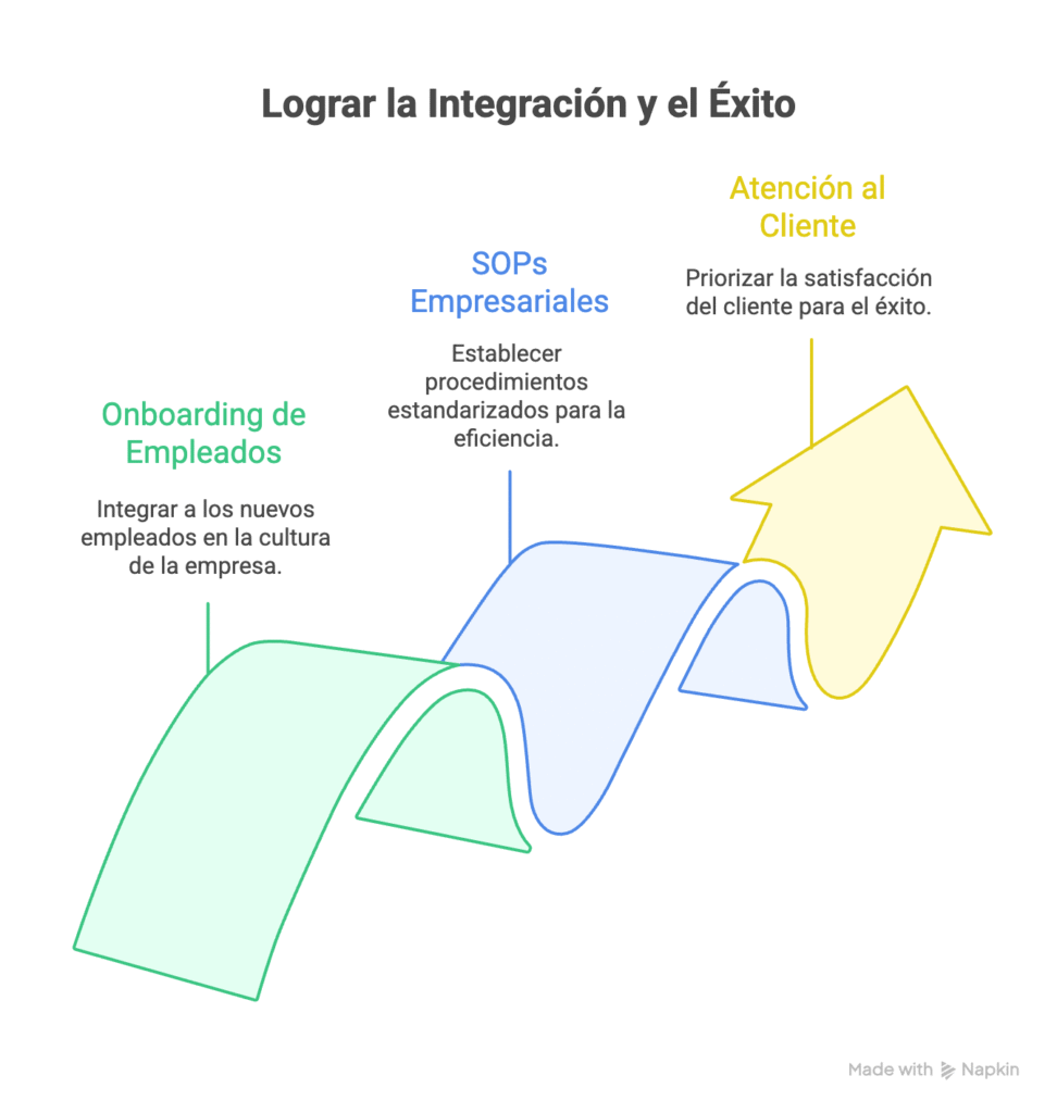 Gráfico que muestra el proceso de integración empresarial con onboarding, SOPs y atención al cliente usando tecnología como ChatGPT
