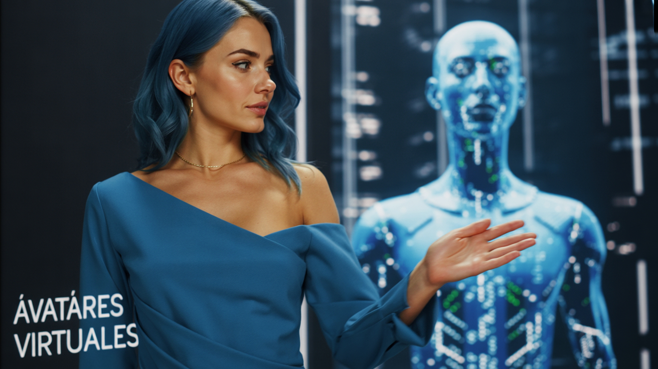 Mujer con cabello azul señalando a un avatar virtual digital en un entorno tecnológico con el texto 'Avatares Virtuales'