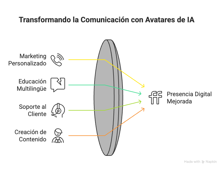 nfografía sobre cómo los avatares con inteligencia artificial transforman la comunicación digital en marketing, educación multilingüe, soporte al cliente y creación de contenido
