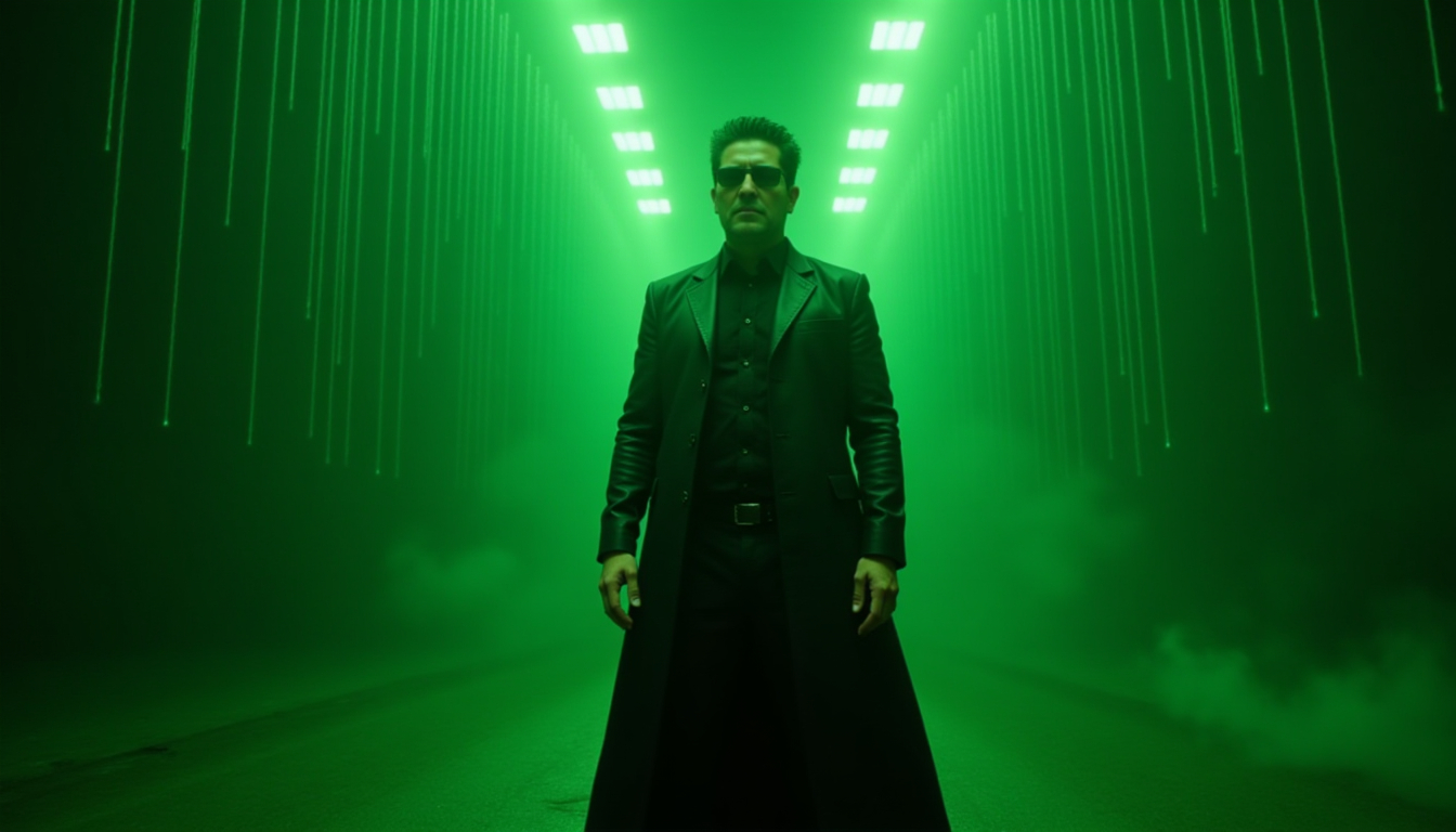 Hombre con abrigo largo negro y gafas oscuras en pasillo verde digital, representación de avatar IA inspirado en ciencia ficción