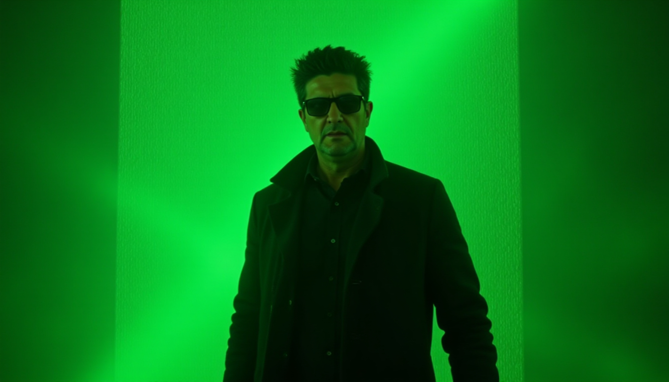 Hombre con gafas oscuras y abrigo negro sobre fondo verde brillante, representación de avatar IA con estilo cinematográfico