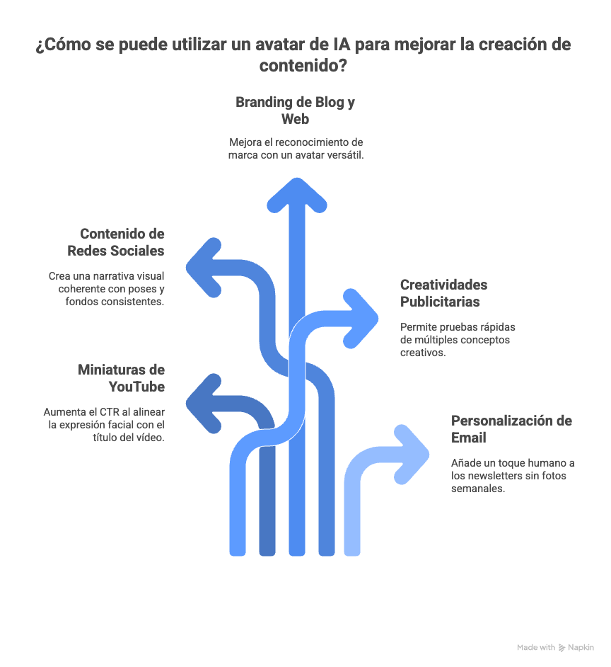 Infografía sobre cómo utilizar un avatar IA para branding, redes sociales, YouTube, email marketing y creatividad publicitaria