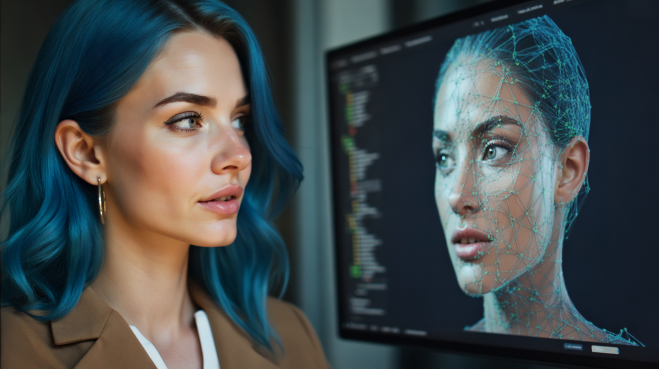 Mujer observando en pantalla un modelo 3D de su rostro creado como avatar con inteligencia artificial