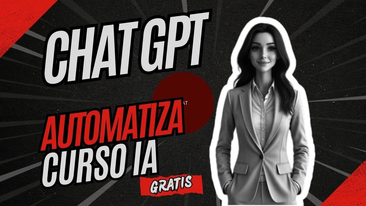 Mujer profesional junto al texto "Chat GPT automatiza curso IA gratis", ideal para mejorar la productividad con inteligencia artificial