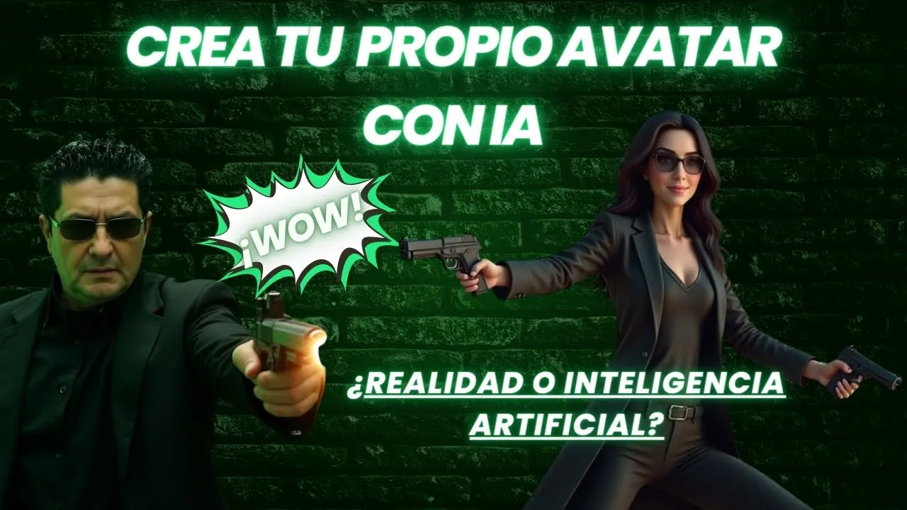 Hombre y mujer tipo agentes secretos creando avatar IA con estética de película, pregunta si es realidad o inteligencia artificial