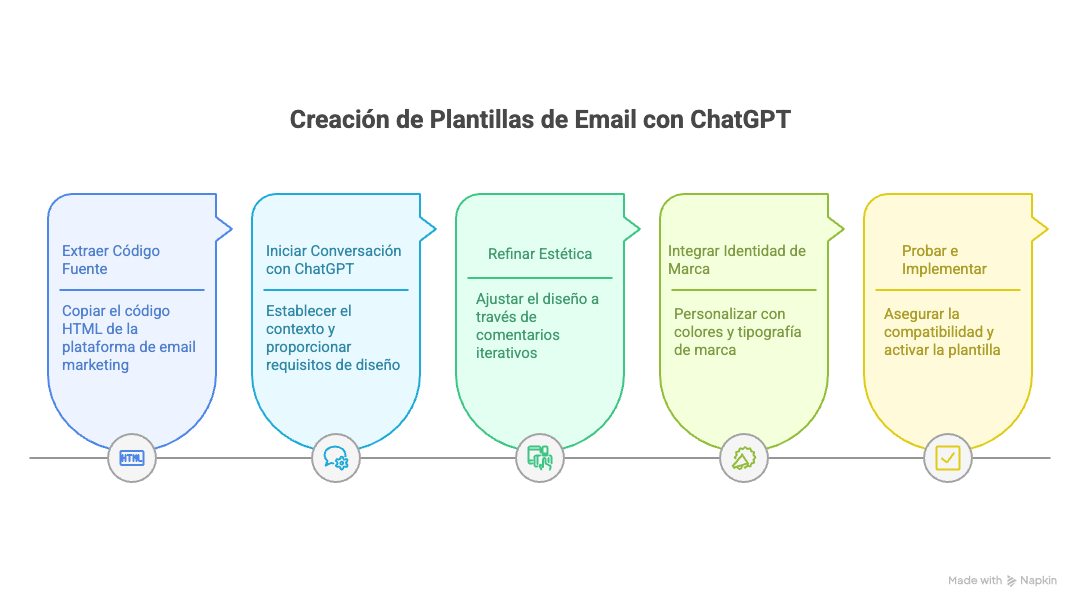 Infografía con los pasos para crear plantillas de email marketing con ChatGPT: desde el código fuente hasta la implementación final