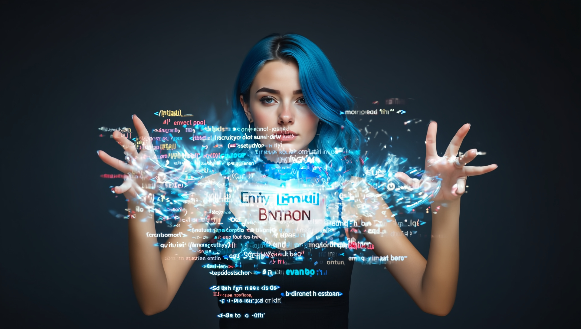 Mujer con cabello azul generando visualmente código y datos digitales, simbolizando la aplicación de la inteligencia artificial en estrategias de email marketing