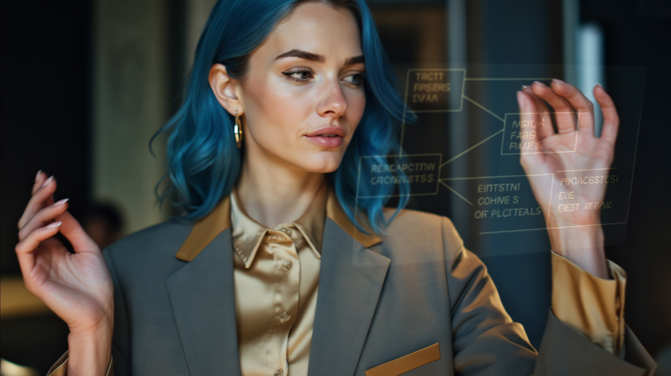 Mujer con cabello azul usando interfaz holográfica, representando la productividad con inteligencia artificial en entornos digitales