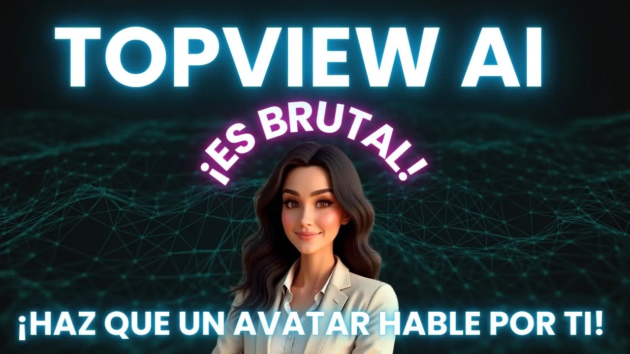 Avatar virtual femenino con fondo digital promocionando TopView AI, herramienta para crear videos con avatares virtuales que hablan por ti