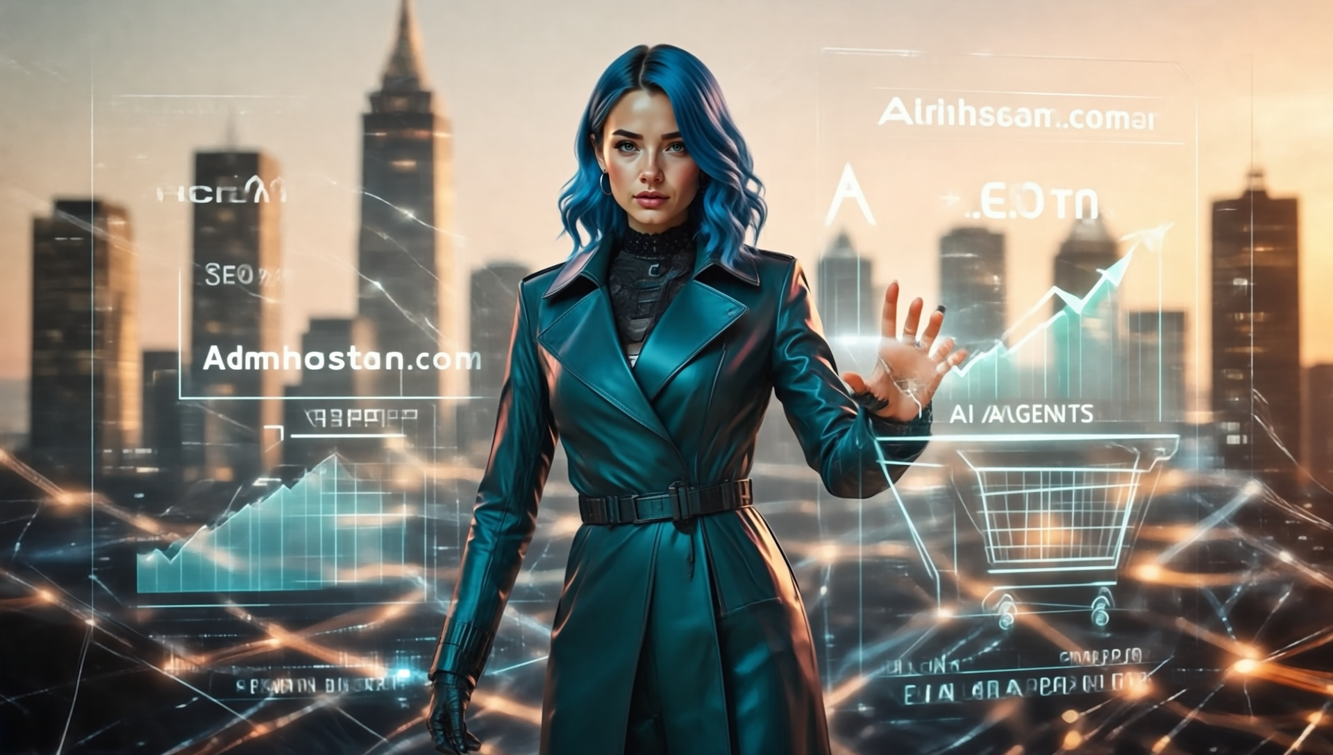 Mujer interactuando con interfaces holográficas de SEO y Agentes IA en una ciudad futurista, destacando gráficos de crecimiento y comercio electrónico