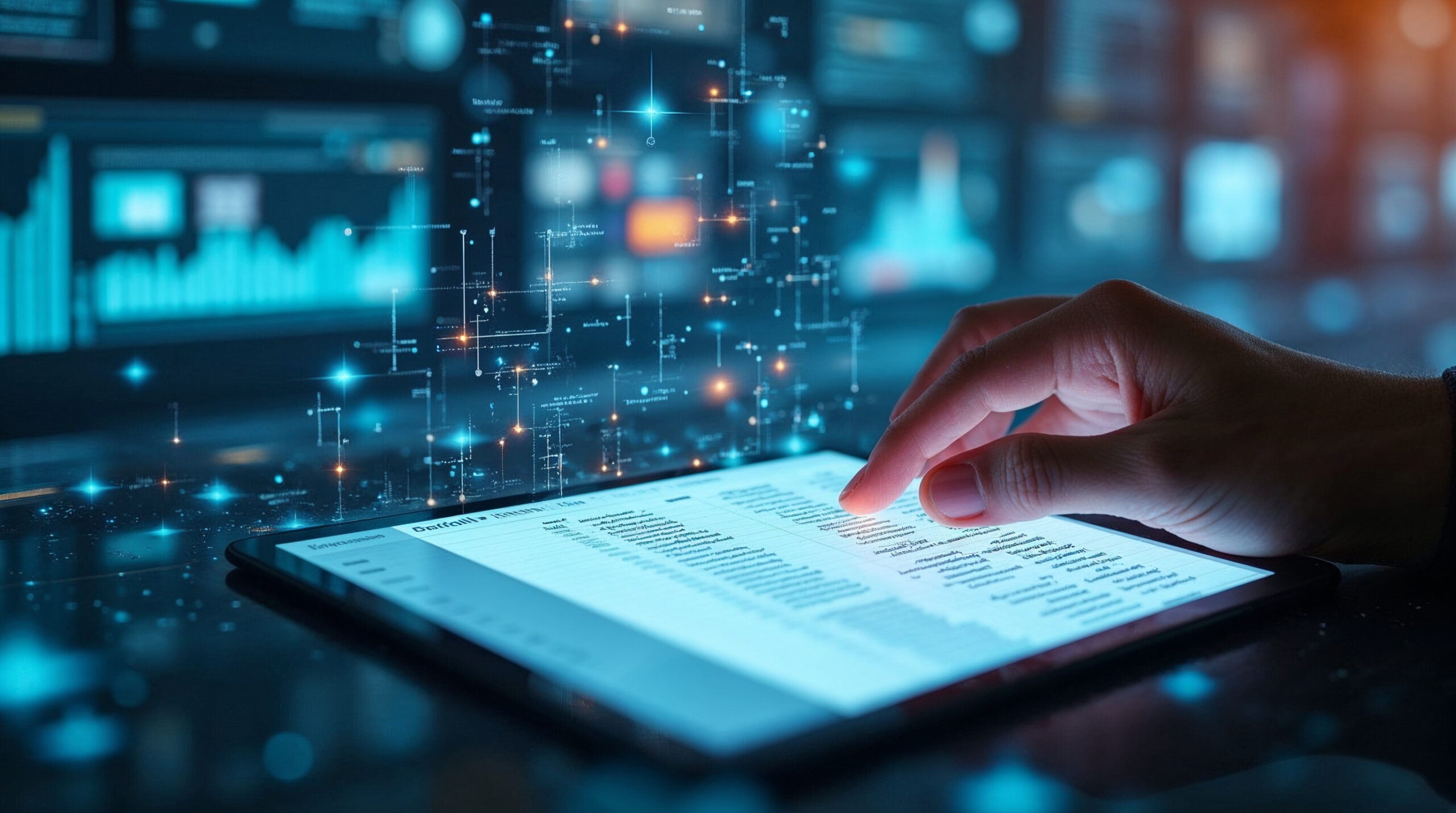 Mano interactuando con una tablet que muestra datos automatizados en un entorno digital con inteligencia artificial