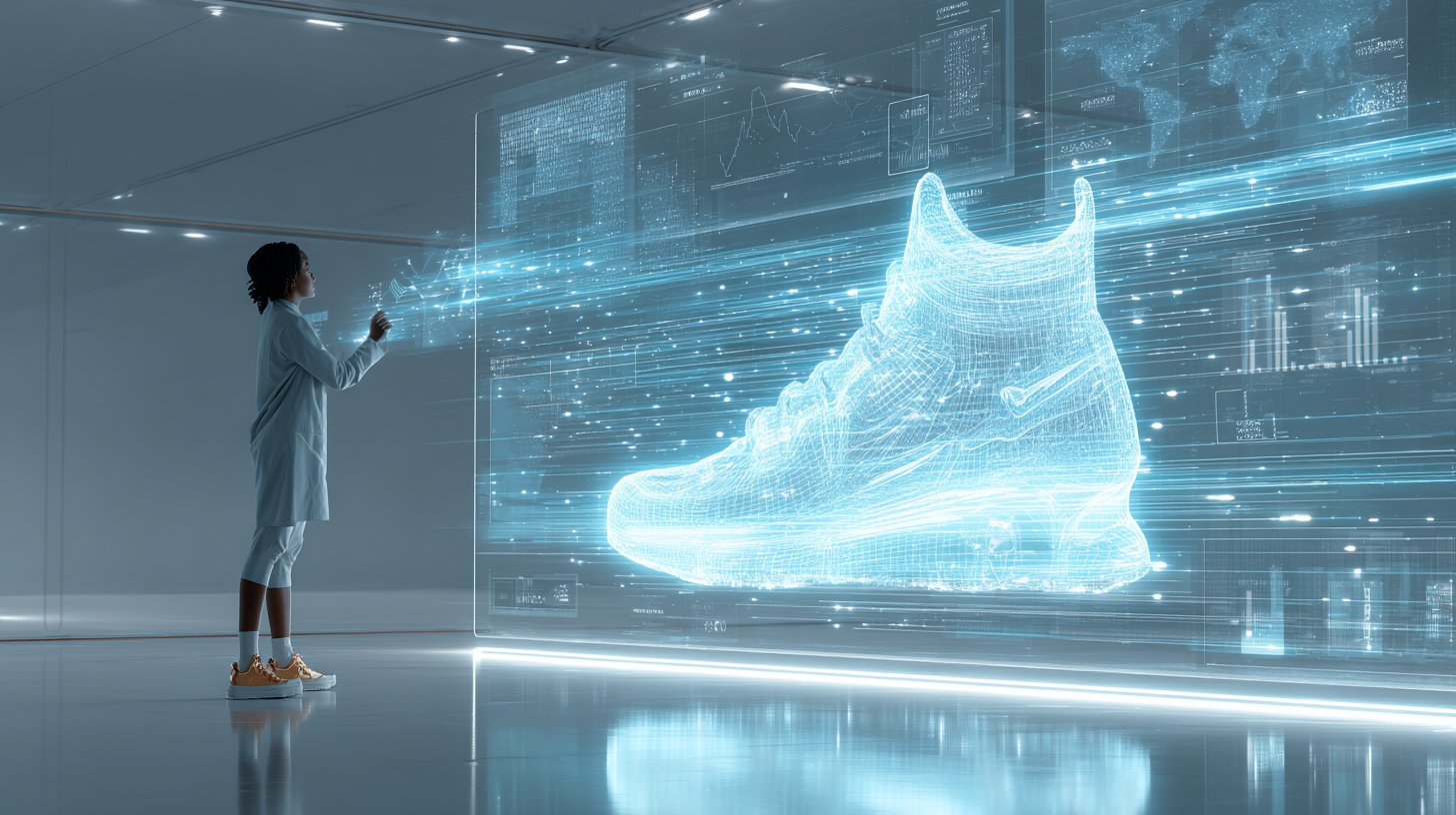 Diseñadora utilizando inteligencia artificial para crear un prototipo virtual de zapatilla deportiva en un entorno tecnológico avanzado
