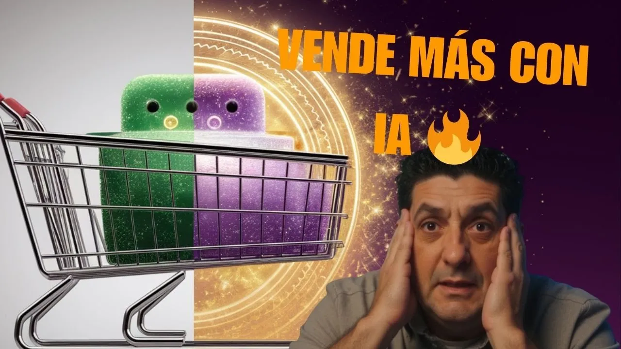 Hombre sorprendido junto a un carrito de compras con inteligencia artificial y el texto “Vende más con IA”, imagen sobre ventas y marketing automatizado
