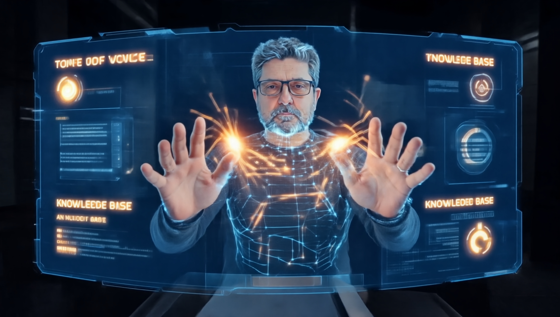 Hombre interactuando con interfaz holográfica futurista, representación visual del proyecto Código AdrIA