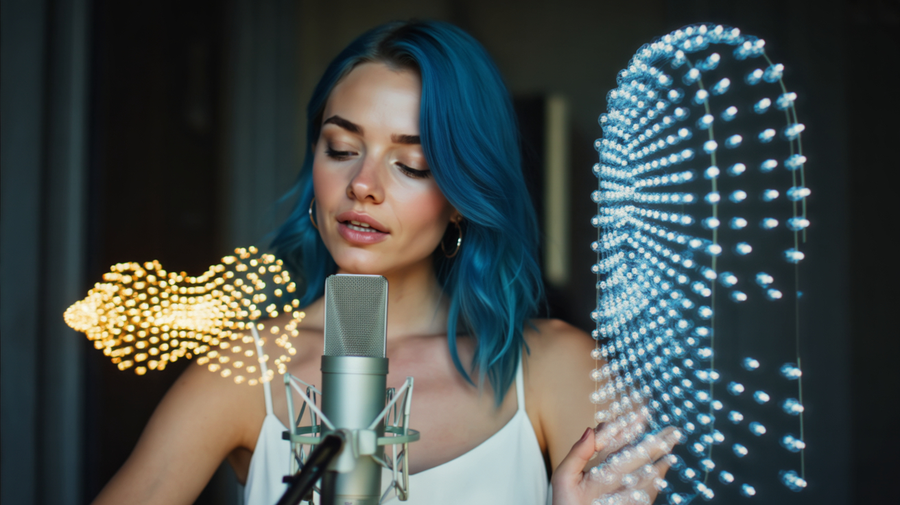 Mujer con cabello azul grabando un podcast frente a un micrófono, acompañada de efectos de luz y visualizaciones digitales, inspiradas por NotebookLM