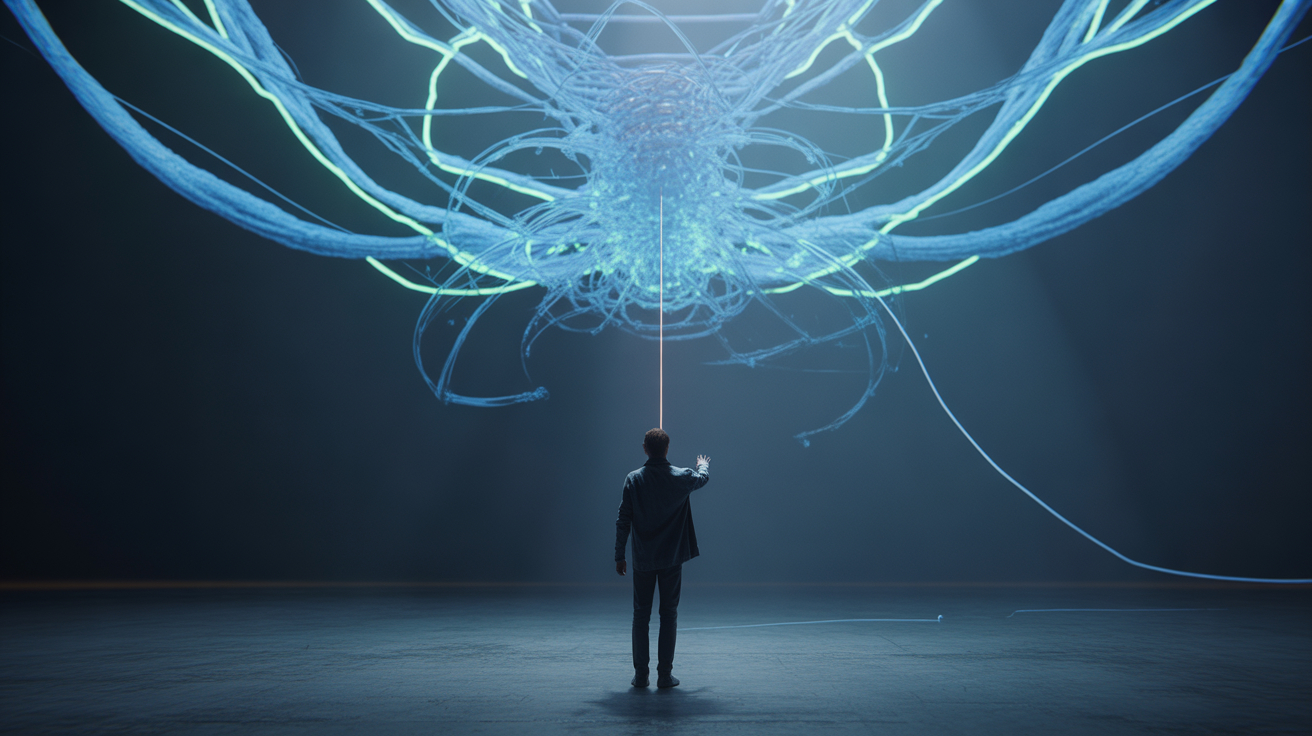 Persona interactuando con una red neural luminosa en un entorno oscuro, simbolizando el entrenamiento de un asistente de inteligencia artificial