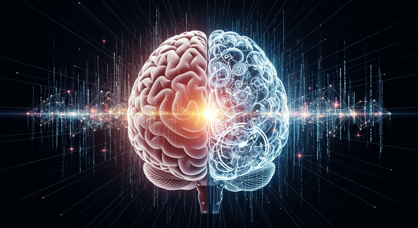 Representación visual de la memoria en ChatGPT con un cerebro humano y digital fusionado