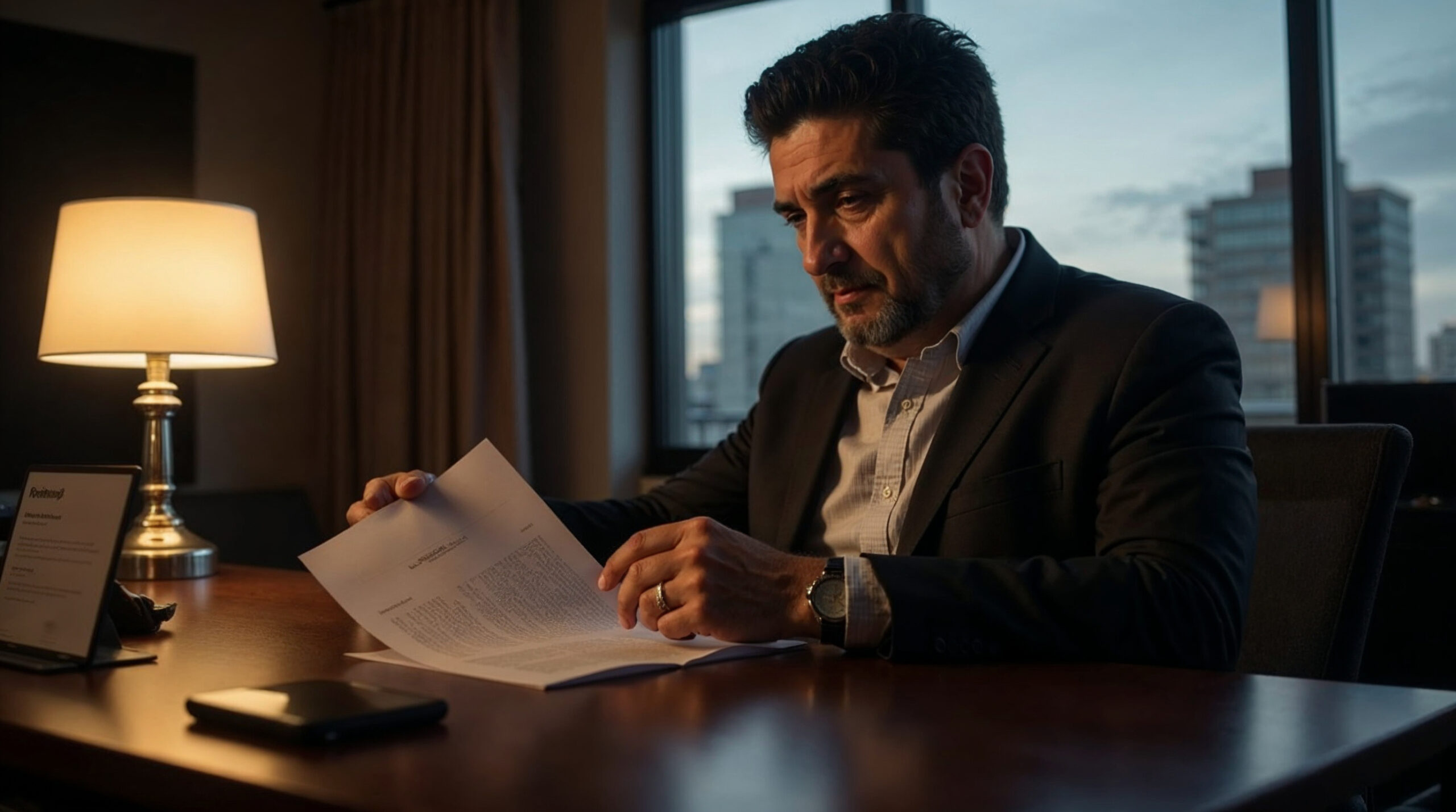 Análisis de Contratos con IA: Evita Trampas Legales en Minutos 2 Hombre de negocios analizando contrato con inteligencia artificial en una oficina al atardecer