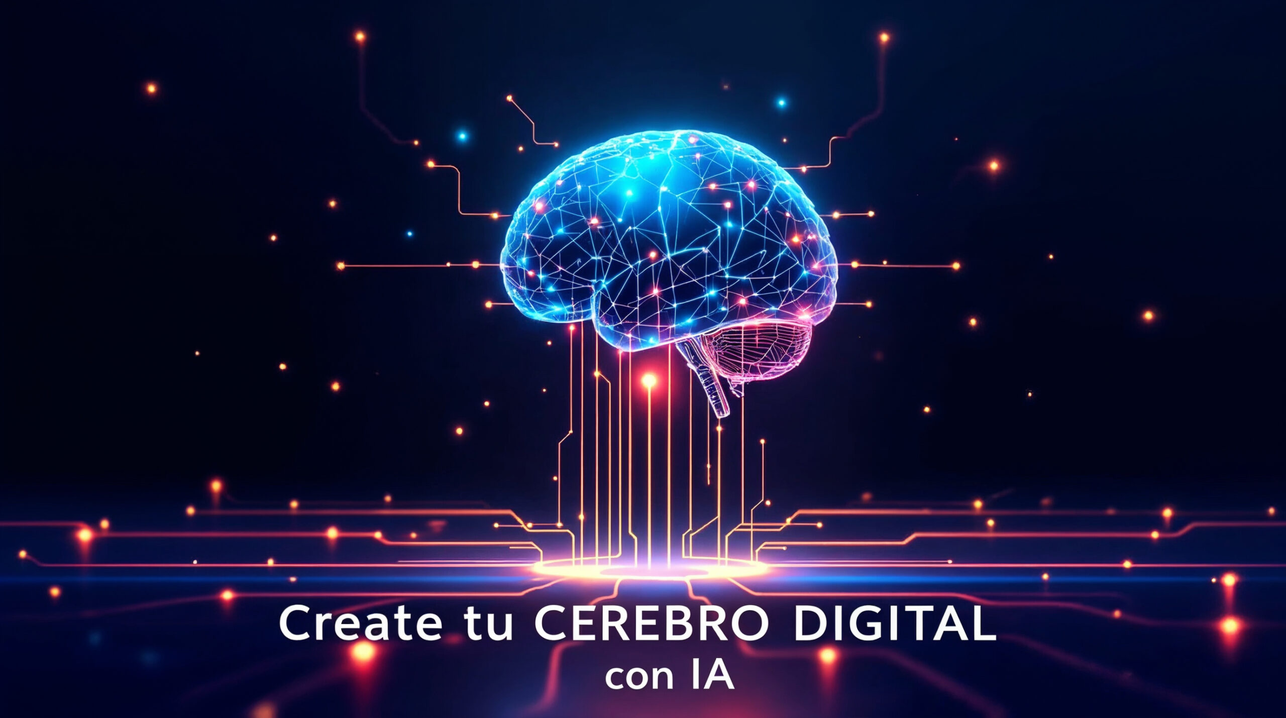 Ilustración de un cerebro digital con conexiones neuronales y circuito IA, acompañado del texto "Create tu cerebro digital con IA"