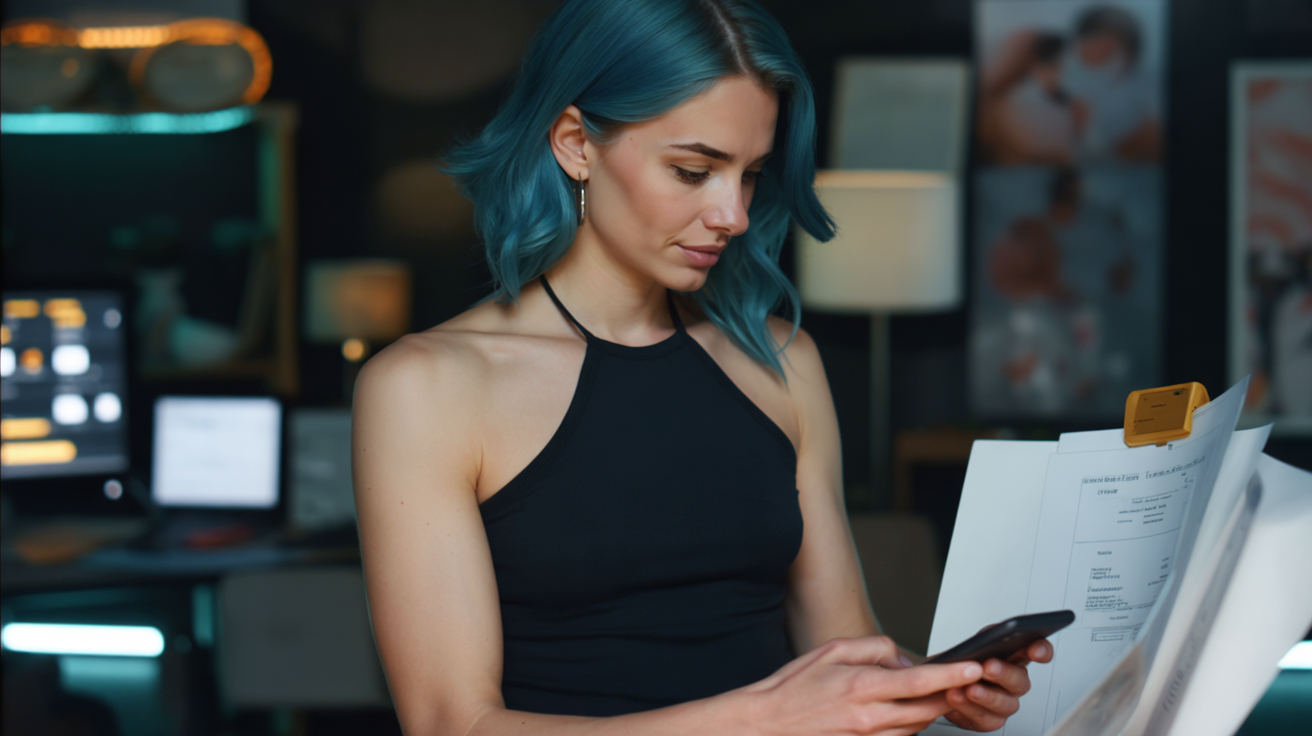 Mujer joven usando su móvil para digitalizar texto desde documentos físicos mediante inteligencia artificial y OCR