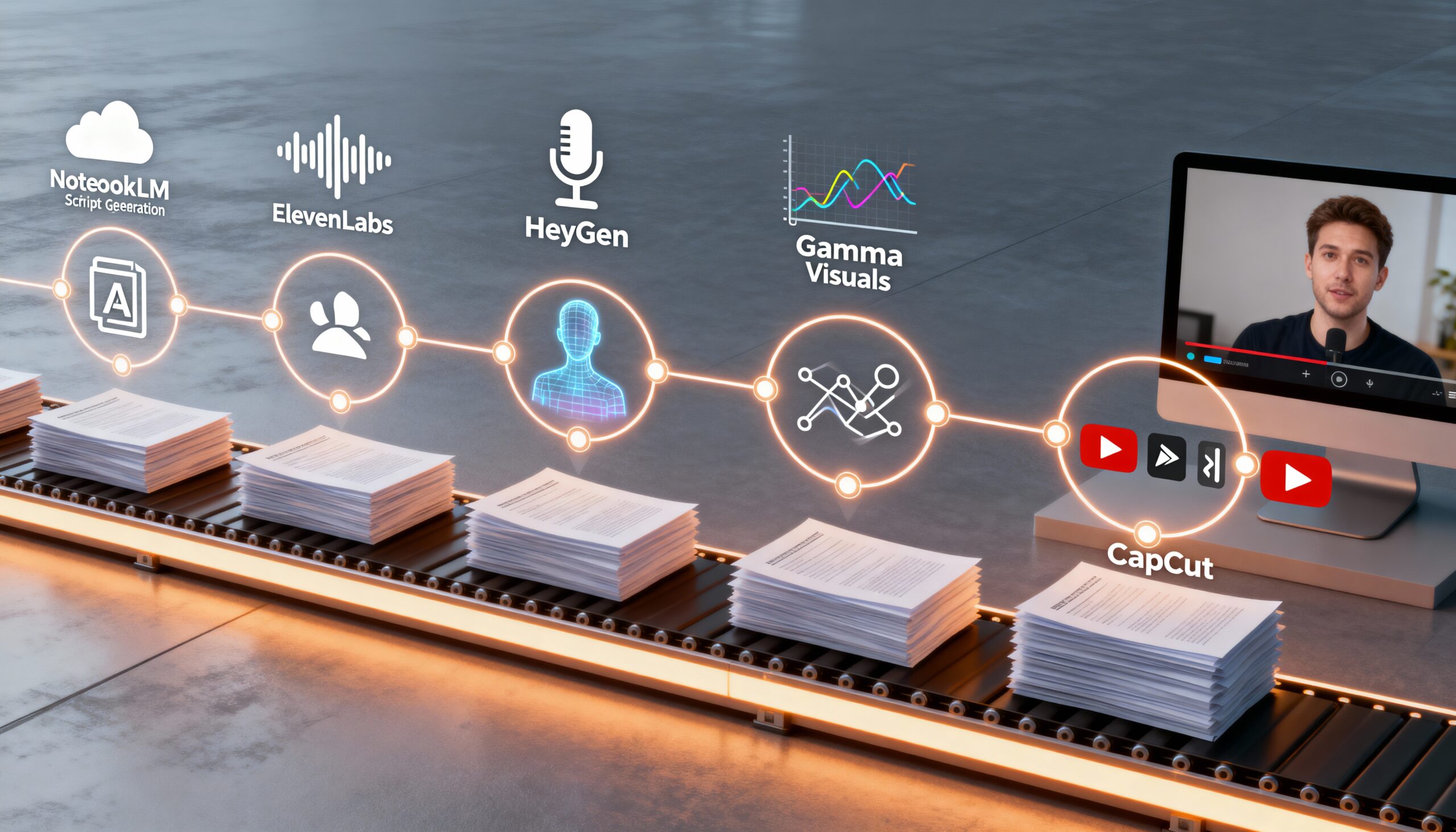 Visual del flujo de trabajo con IA mostrando herramientas como NotebookLM, ElevenLabs, HeyGen y CapCut para crear vídeos automatizados desde documentos
