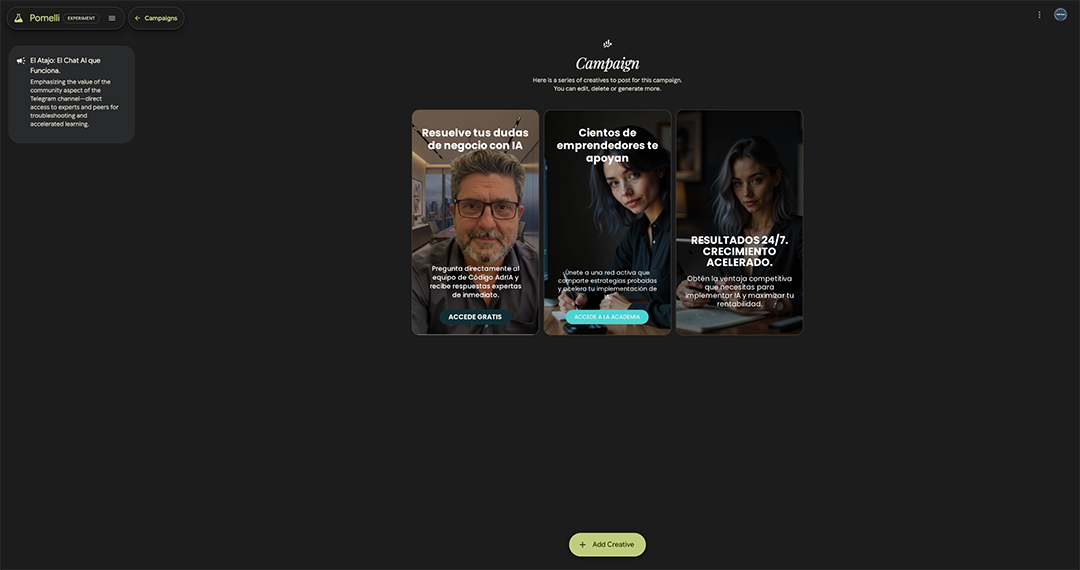 Panel de campaña con tres creatividades que muestran cómo crear publicaciones para redes sociales con IA, incluyendo asesoría, comunidad y resultados 24/7
