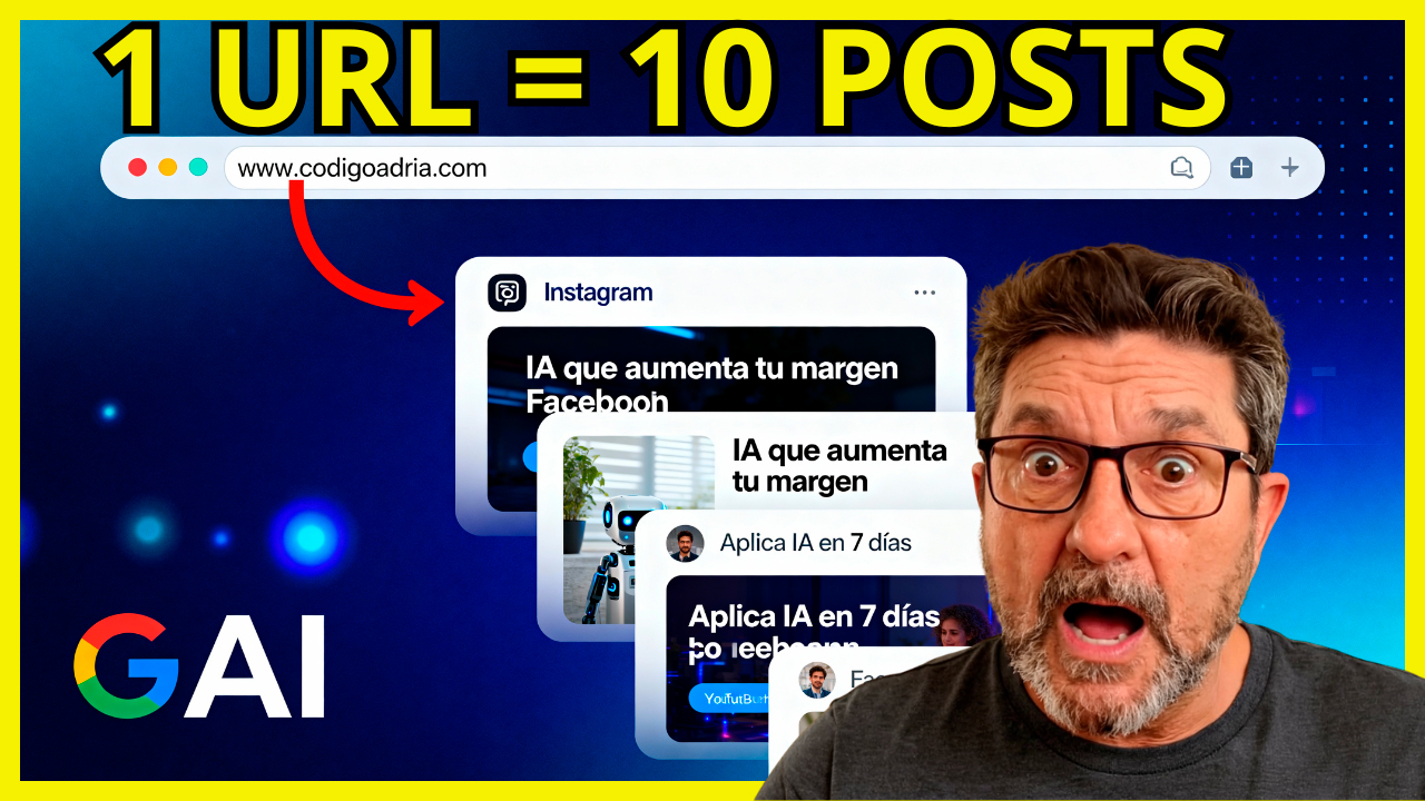 Hombre sorprendido frente a una imagen que muestra cómo crear publicaciones para redes sociales con IA a partir de una sola URL