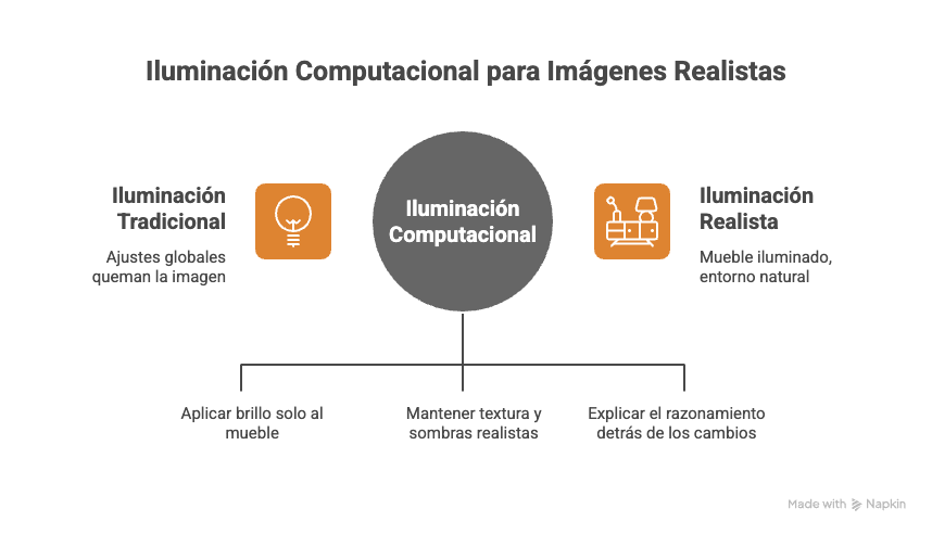 Diagrama explicativo de iluminación computacional en Photoshop con ChatGPT para crear imágenes realistas comparando iluminación tradicional y realista en muebles