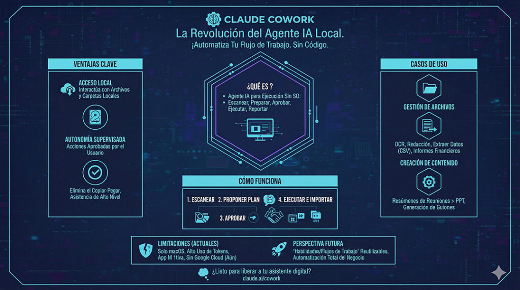 Infografía sobre el agente de inteligencia artificial local Claude Cowork, sus ventajas, funcionamiento y casos de uso
