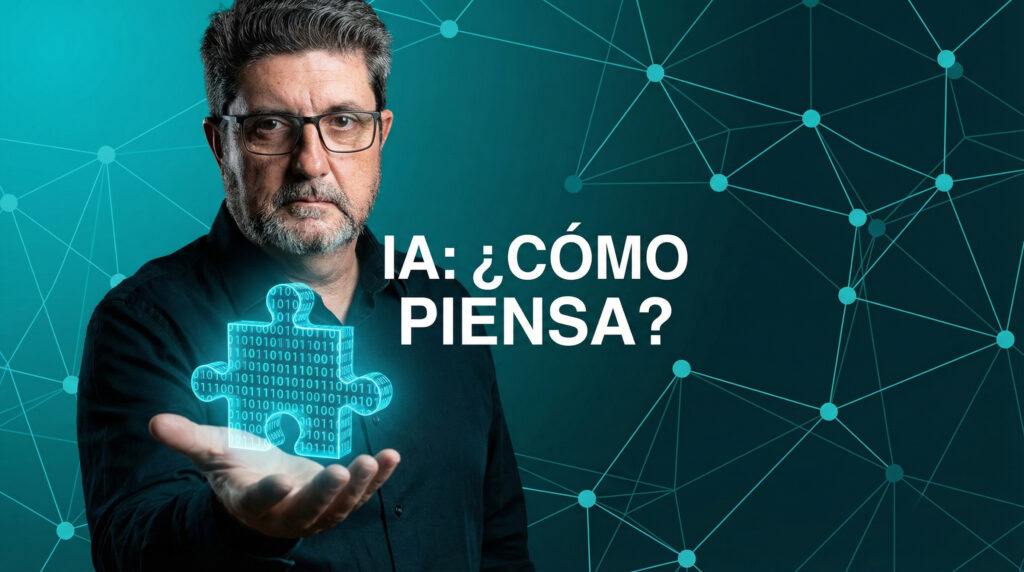 El Secreto de su Cerebro: Cómo Funcionan los Tokens en la IA 1 Hombre sosteniendo pieza digital con código binario que representa cómo piensa la inteligencia artificial y el funcionamiento de los tokens en la IA