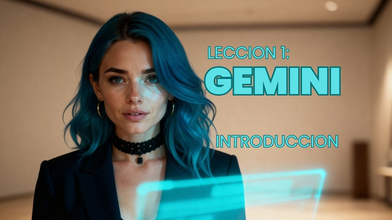 Introducción a Gemini, inteligencia artificial generativa, con mujer usando interfaz tecnológica futurista