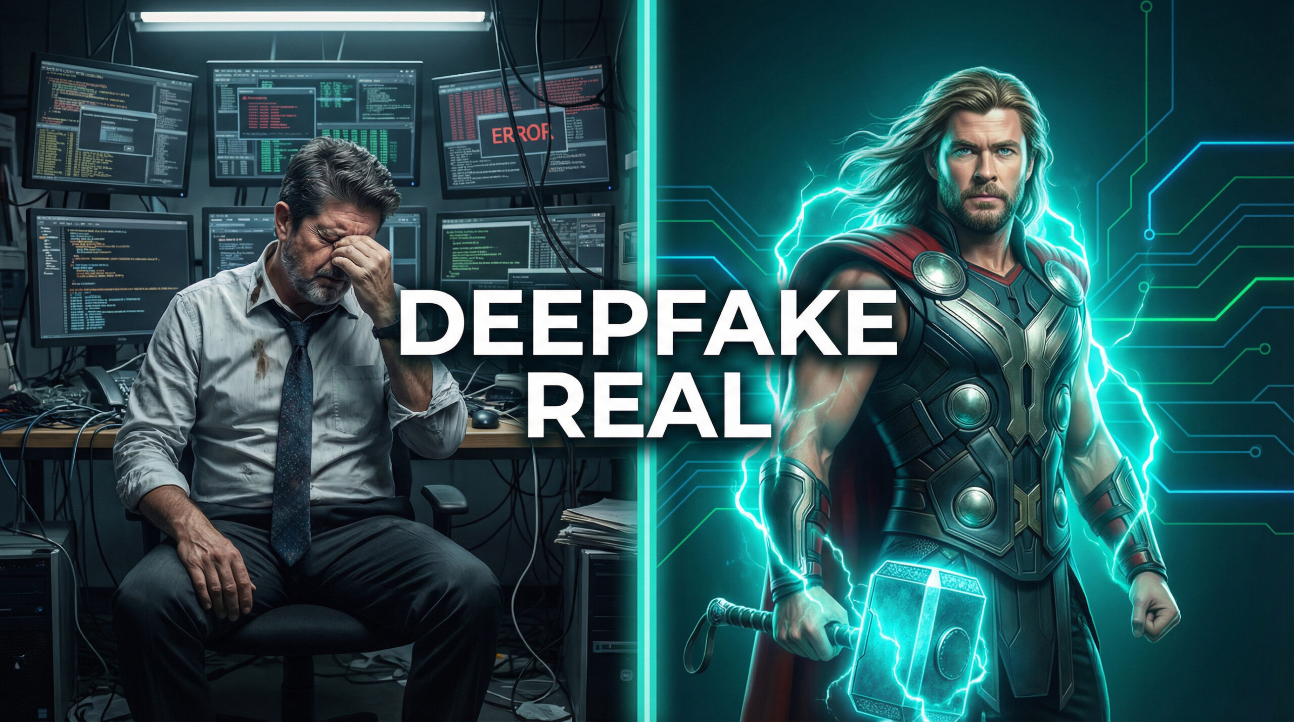 Comparación visual entre una persona real frente a pantallas de ordenador y un superhéroe ficticio generado por inteligencia artificial que representa un deepfake realista