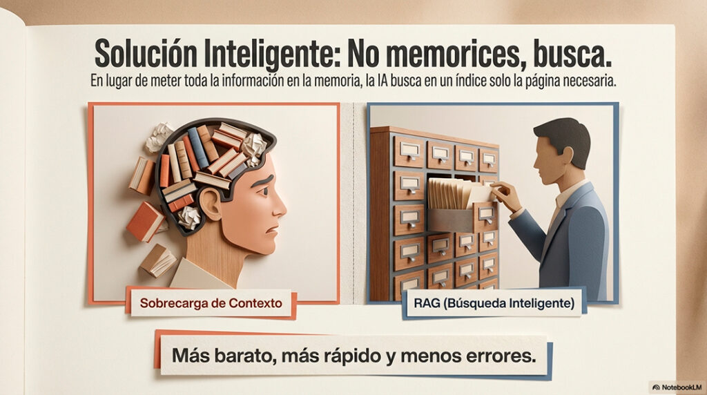 El Secreto de su Cerebro: Cómo Funcionan los Tokens en la IA 2 Ilustración comparativa de sobrecarga de contexto frente a RAG en inteligencia artificial mostrando cerebro con libros y sistema de búsqueda en archivador