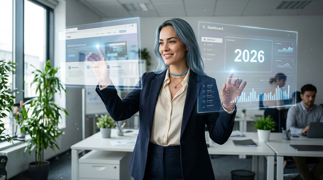 Mujer profesional interactuando con paneles digitales holográficos con gráficos de datos y dashboard empresarial en oficina moderna