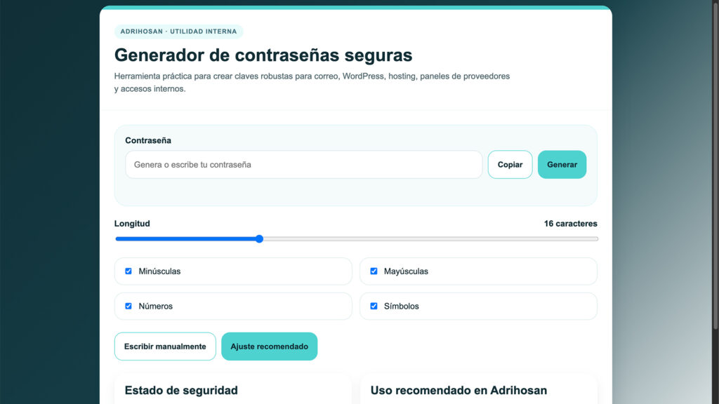 Interfaz de generador de contraseñas seguras con controles de longitud y tipos de caracteres