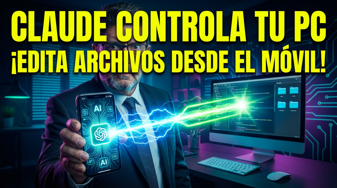 Hombre con smartphone frente a un ordenador con haz de luz digital conectando ambos dispositivos